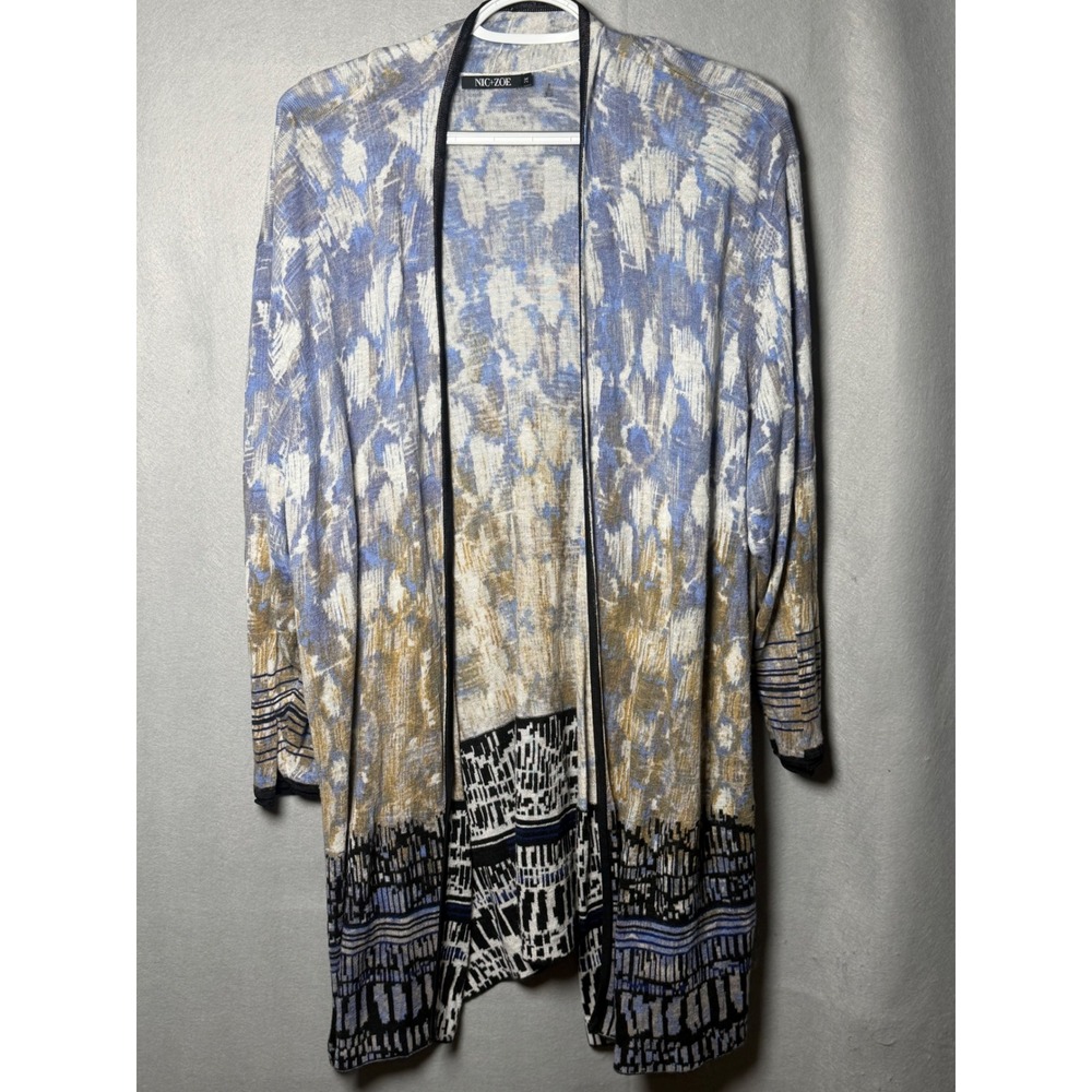 NIC+ZOE Women Blue Abstract Linen Blend Open Front Cardigan Sweater 2X